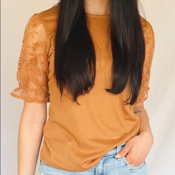 Knit Embroidered Sleeve Top Camel SOLD OUT - Picture 2 of 3